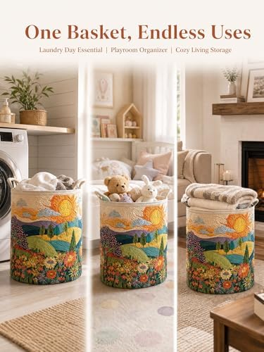 Quilted Laundry Basket with Handles, Boho Floral Quilted Storage Hamper - Image 3