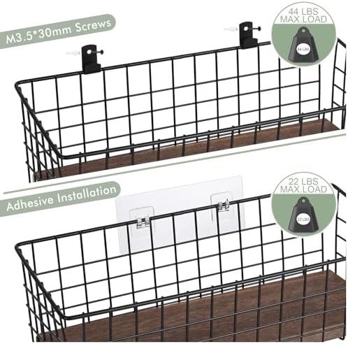 Wall Hanging Baskets, 3 Wooden Wire Bins - Image 3