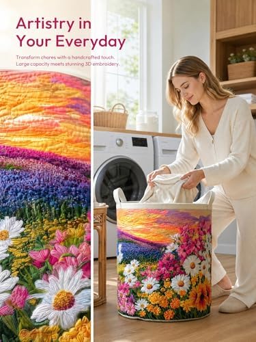 Quilted Laundry Basket with Handles, Boho Floral Quilted Storage Hamper - Image 2