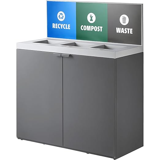 (86-Gallon) Triple Waste Recycling Station with Panel, Dark Gray Restaurant Trash Can Cabinet