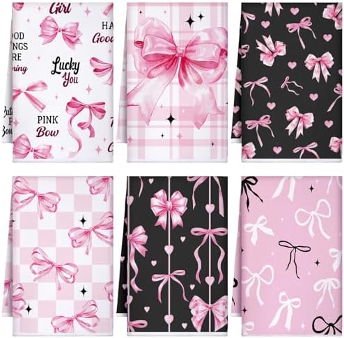 Bencailor 6 Pcs Pink Bow Kitchen Towels Decorative Sets Dish Towels Absorbent by Bencailor