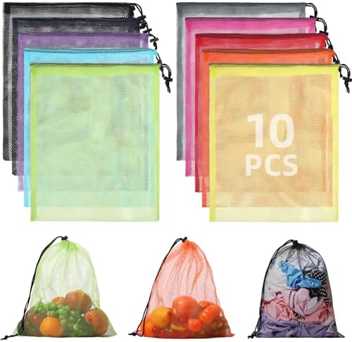 10Pcs Multicolor Mesh Drawstring Bags: Nylon Mesh Laundry Gym Travel Beach Bags by Elevateyourspacewithstorageoptions