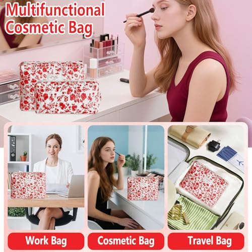 2Pcs Quilted Makeup Bag Set Flower Cute Pencil Case Large Small Travel Makeup - Image 5