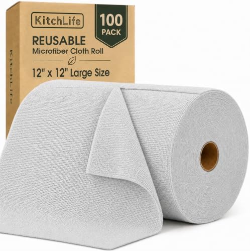 Microfiber Cleaning Cloth Roll, 100 Pack 12 x 12 Inch Tear Away Reusable Paper by OverDoorHooksKitchenSupplies