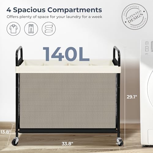 STO STO Laundry Hamper 4 Section, 140L Rolling Laundry Sorter Cart - Image 5