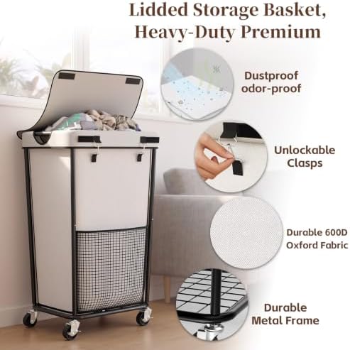 Laundry Hamper with Wheels and Lid, 110L Large Rolling Laundry Basket White - Image 4
