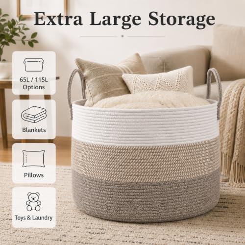 JMvicyroam 115L Extra Large Machine Washable Cotton Rope Blanket Basket - Image 2