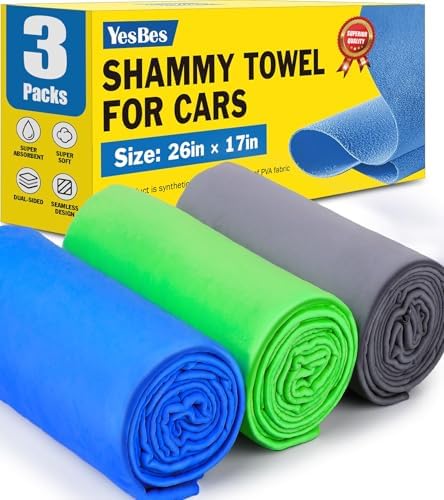 3 Pack Premium Chamois Towel for Car, 26”x17” Shammy Cloth for Car Drying by YesBes