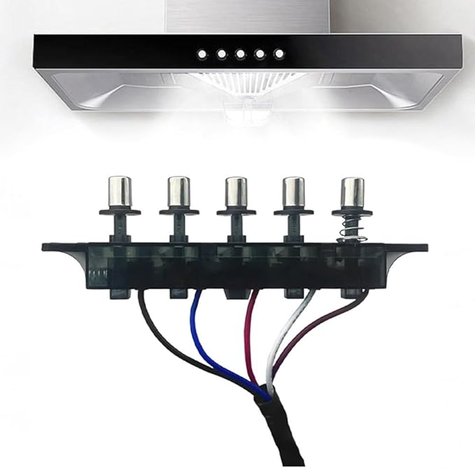 Range Hood Switch Button 5-Button Control Panel for Replacement - PC Material, 12 cm Hole Distance, 40 cm Wire Length