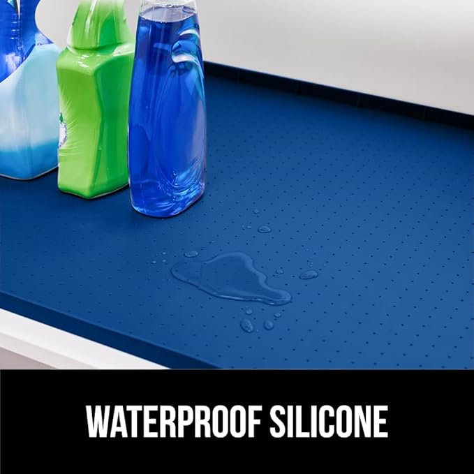 GORILLA GRIP Waterproof Silicone Under Sink Mat with Raised Lip for Kitchen and Bathroom, 28 x 22 in, Cabinet Shelf Liner Stay in Place Mats Dishwasher Safe Drawer Liner, Organizer Tray, Blue