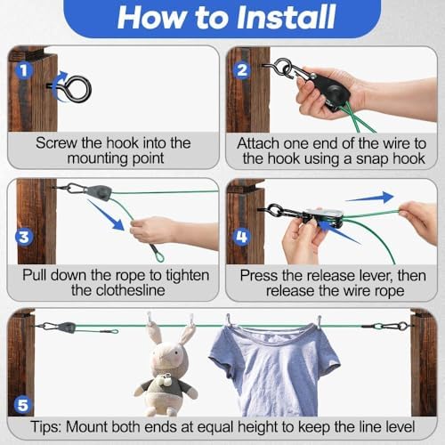 TooTaci Outdoor Clothesline Kit, 30ft 3/16" Green PVC Coated Clothes Cable - Image 6
