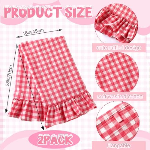 HunnmingRe 2 Pcs Watermelon Pink Gingham Kitchen Towels Cotton Ruffled - Image 2