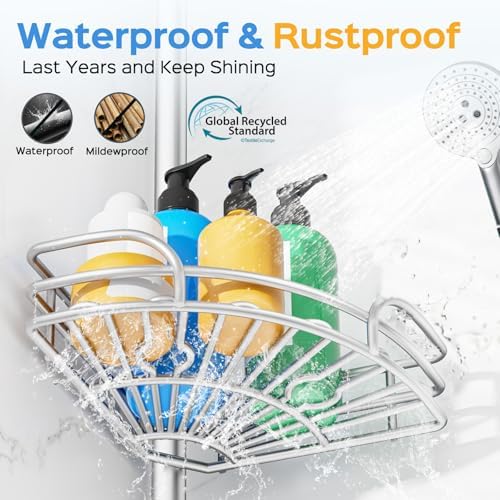 HAMITOR Corner Shower Caddy Tension Pole, Space-saving Bathtub Shelves - Image 5