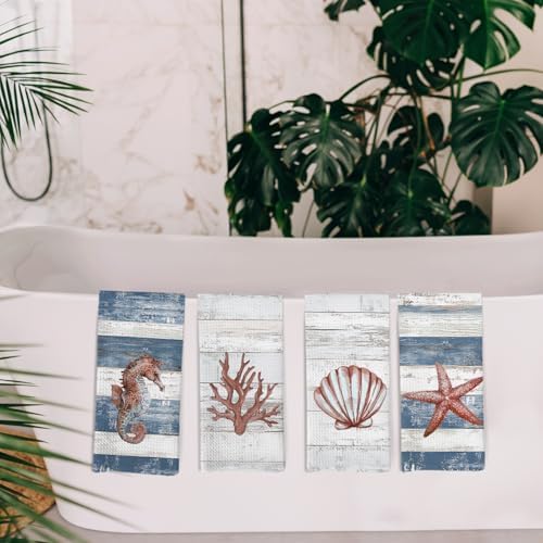 Coastal Beachy Kitchen Towels and Dishcloths Set of 4, Nautical Starfish - Image 5