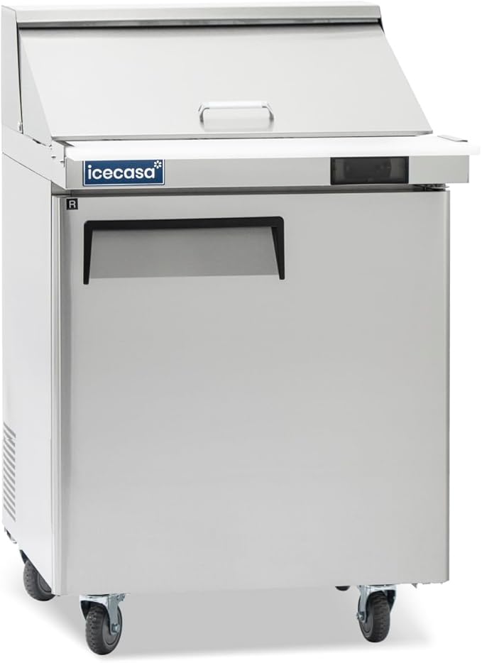 ICECASA 27" W Commercial Refrigerator Sandwich&Salad Prep Table Mega Top single Door Stainless Steel Counter Fan Cooling Refrigerator with 12 pans-27 Inches for Restaurant, Bar, Shop, etc