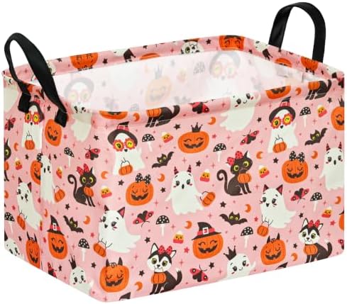 Pink Halloween Storage Basket for Girls, Pumpkin Ghost Bat Spider Design by MAIZMZ