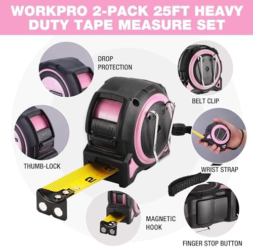 WORKPRO Pink Tape Measure, 25FT Heavy Duty Tape Measurement - Image 2