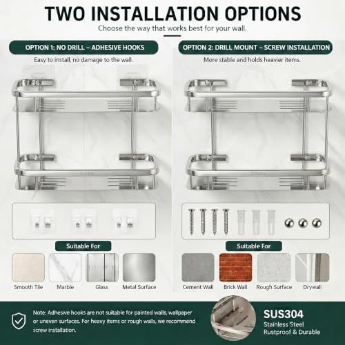 Corner Shower Caddy, 304 Stainless Steel Bathroom Shelf Organizer, Wall Mounted - Image 6