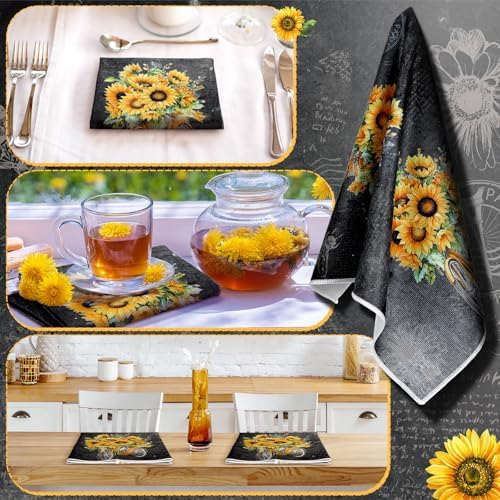 Bencailor 6 Pcs Black Sunflower Kitchen Towels Decorative Sets Dish Towels - Image 2