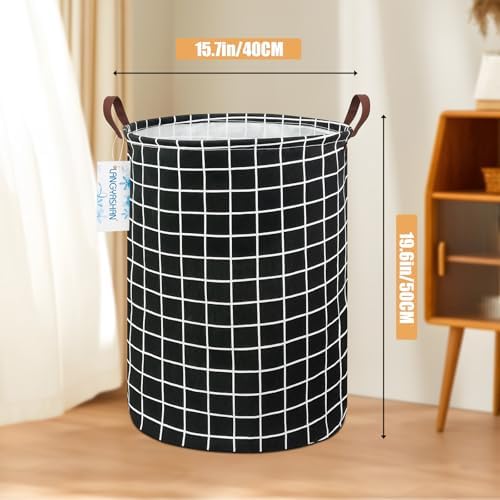 Round Laundry Basket Collapsible Storage Hamper Organizer Black Grid - Image 2
