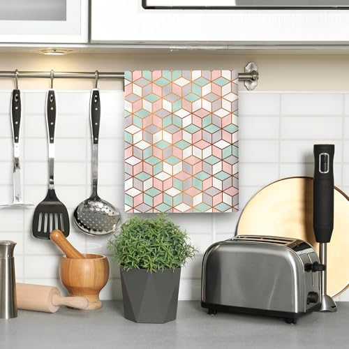 Pink Green Geometric Kitchen Towels Decorative Set of 2 Tea Towels - Image 6