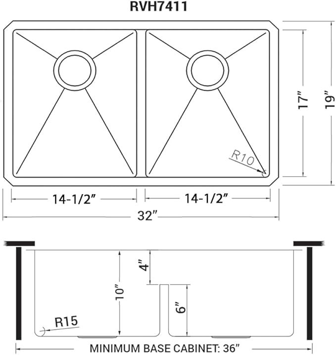 Ruvati 32-inch Low-Divide Undermount Tight Radius 50/50 Double Bowl 16 Gauge Stainless Steel Kitchen Sink - RVH7411