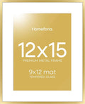 Homeforia 12x15 Picture Frame Gold, High End Metal 12x15 Poster Frames with Mat 9x12 for Photo, 12 x 15 Gold Frame Matted to 9 by 12 Print, 15x12 Thin Hanging Frame, Tempered Glass, Wall Kit, Set of 1
