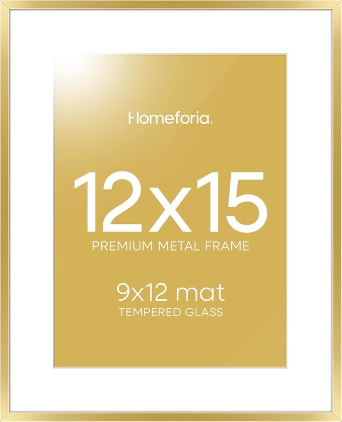 Homeforia 12x15 Picture Frame Gold, High End Metal 12x15 Poster Frames with Mat 9x12 for Photo, 12 x 15 Gold Frame Matted to 9 by 12 Print, 15x12 Thin Hanging Frame, Tempered Glass, Wall Kit, Set of 1