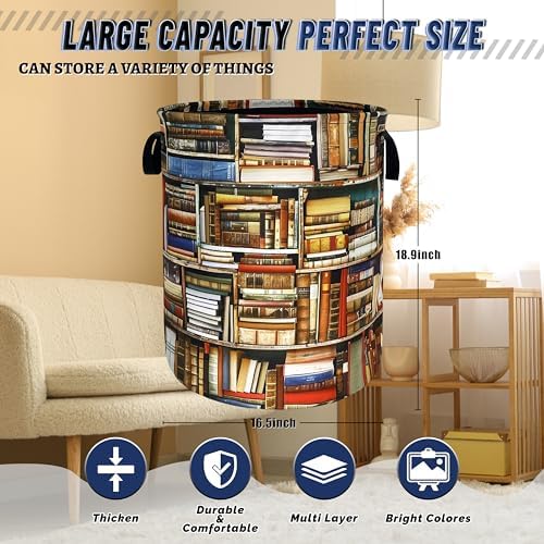 Retro Bookshelf Laundry Basket Oxford Cloth Hamper 18.9"x16.5" - Image 3