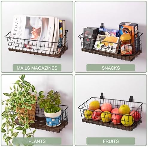 Wall Hanging Baskets, 3 Wooden Wire Bins - Image 4