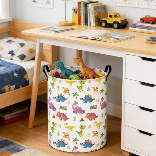 Round Laundry Basket Collapsible Storage Hamper Organizer Cute Dinosaur - Image 6