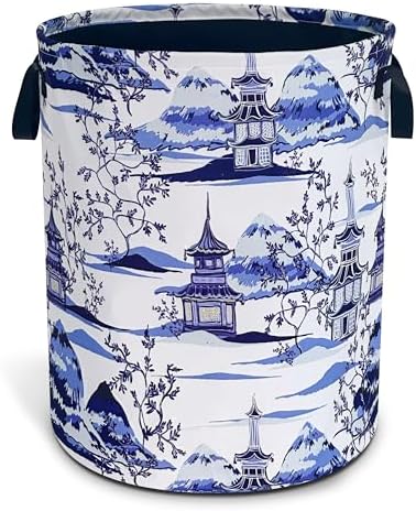 Blue White Porcelain Chinoiserie Laundry Basket Oxford Cloth 18.9x16.5 Inch by Unknown