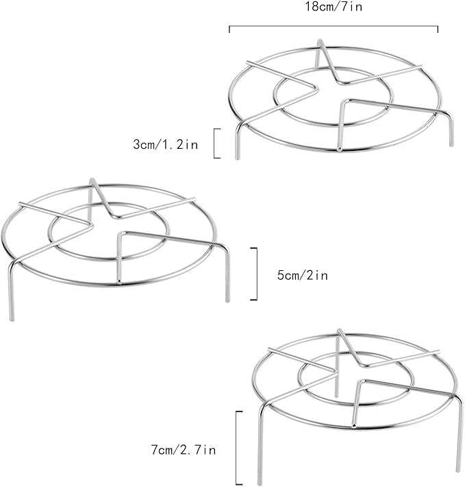 Stainless Steel Steam Rack Set of 3, 7" Tall Heavy Duty Pressure Cooker Trivet Rack Stand - Height 1.2", 2", 2.7"