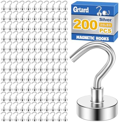 Grtard 200 Pcs Silver Magnetic Hooks Heavy Duty, 30LBS Strong Magnet Hooks by Grtard
