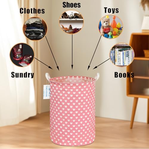 Round Laundry Basket Collapsible Storage Hamper Organizer Pink Heart - Image 4