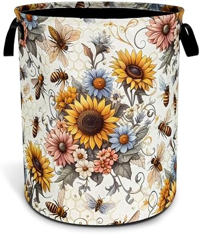 Bee Sunflower Laundry Basket Flower Foldable Waterproof Oxford Cloth by NUTAINLA