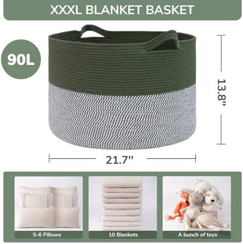 INDRESSME XXXLarge Woven Rope Blanket Basket Living Room Green - Image 3