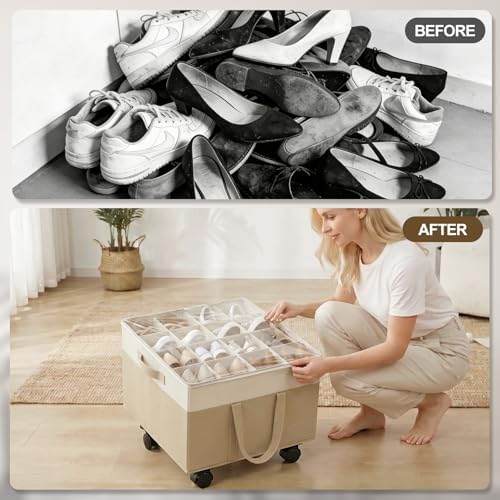 Large Shoe Organizer for Closet, 16 Pairs Shoe Storage Box Beige - Image 6