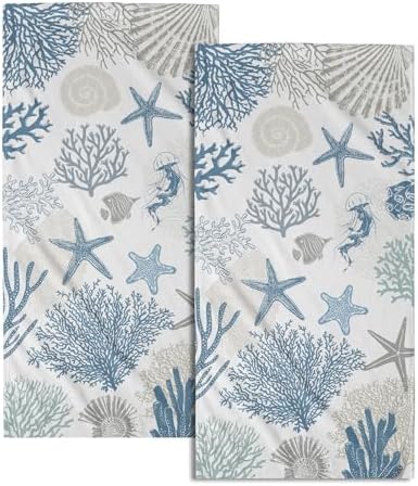 Nautical Blue Bathroom Hand Towels 2 Pack 14"x28" Sea Coral Starfish Kitchen by Granbey
