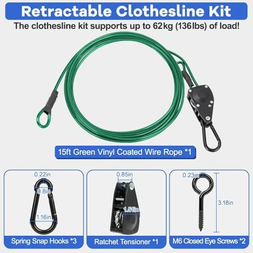 TooTaci 15ft Outdoor Clothesline Kit, 3/16" Green PVC Coated Clothes Cable - Image 2