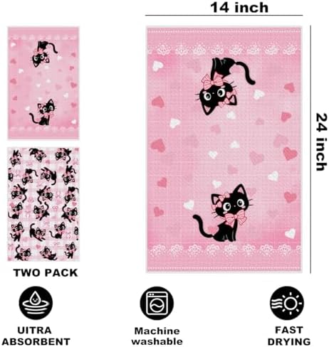 2 Pcs Pink Bow Cat Kitchen Towels 24x14 Inch, Cats Gifts Reuse Hand Towel - Image 2