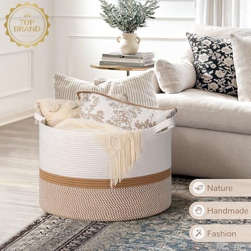 INDRESSME XXXLarge Woven Rope Blanket Basket Living Room White Camel - Image 7