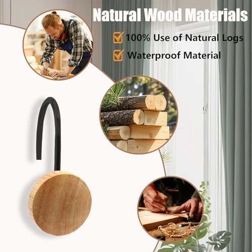 Shower Curtain Hooks, Wood Decorative Shower Curtain Rings, Modern Round Log - Image 2