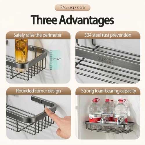 Corner Shower Caddy, 201 Stainless Steel Bathroom Shelf Organizer, Wall Mounted - Image 3