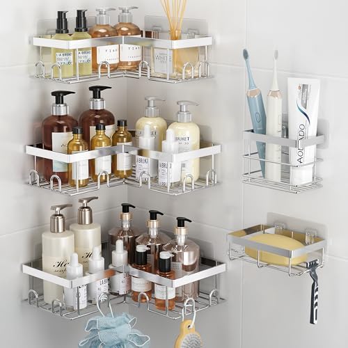 Liuoud Corner Shower Caddy 5 Pack Adhesive Stainless Steel Organizer Silver by Liuoud