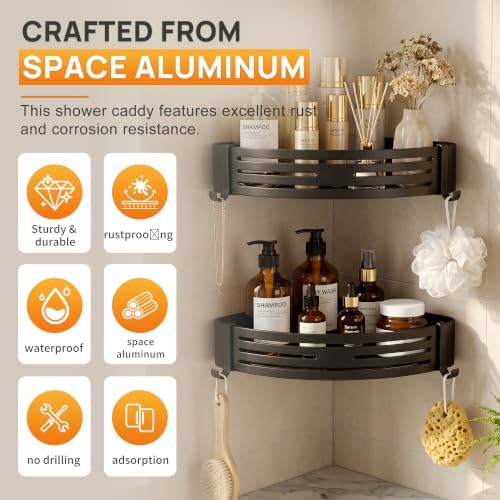 Black Adhesive Corner Shower Caddy 2-Pack, Triangular Shelves - Image 3