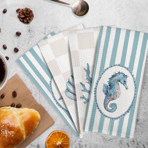 Coastal Beach Kitchen Towels and Dishcloths Set of 4, Beachy Striped Checkered - Image 3