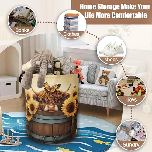 Highland Cow Laundry Hamper, Sunflower Butterflies Collapsible Laundry Baskets - Image 3