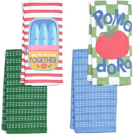 Ritz 4-Piece Kitchen Towel Set, Sardines & Pomodoro Tomato Prints by RITZ