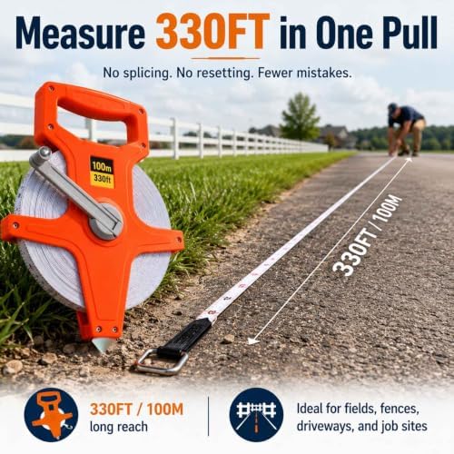 330FT Open Reel Tape Measure, 100m Fiberglass Long Tape Measure, Metal Hook - Image 2